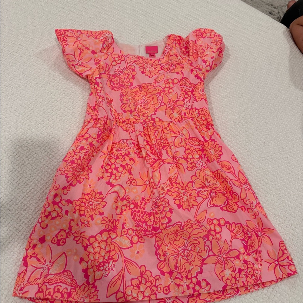 Lilly Pulitzer Pink and Orange Floral Kids Dress lined linen